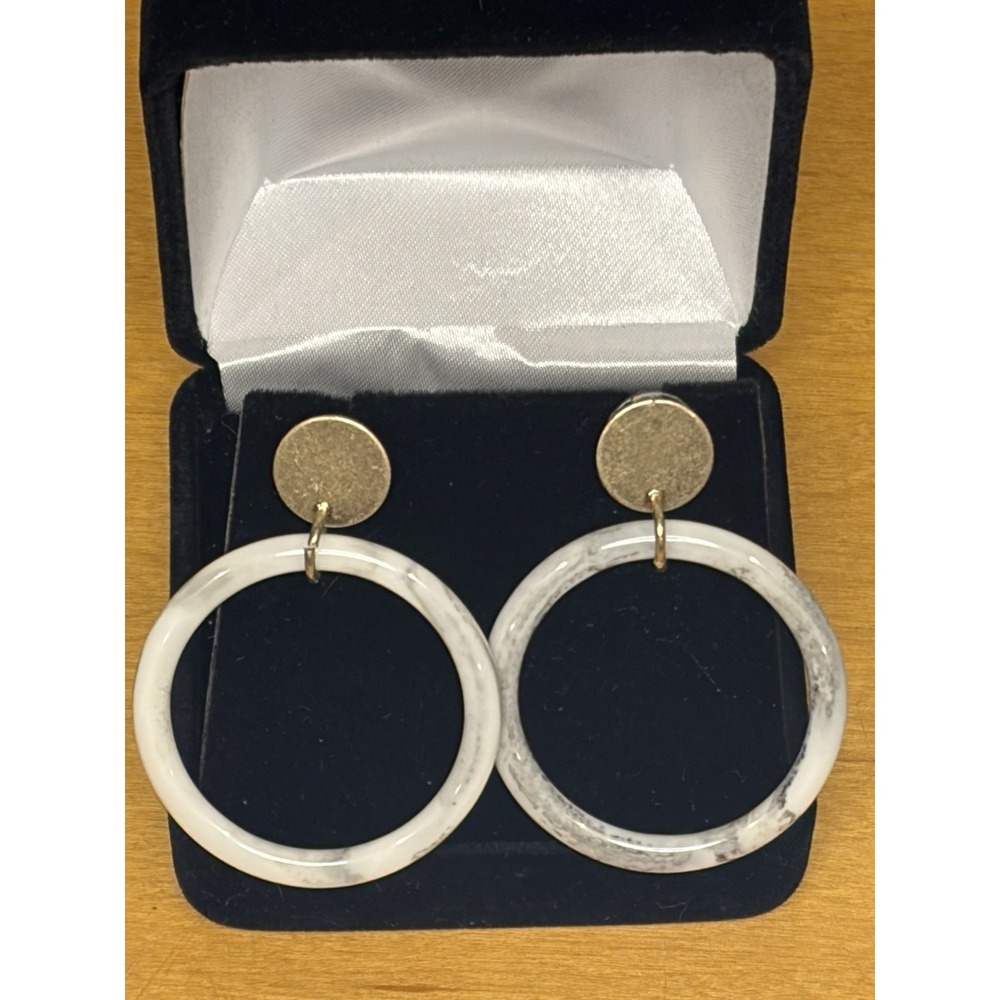 White Marble Resin Gold Tone Hoop Drop Statement Earrings Style Womens